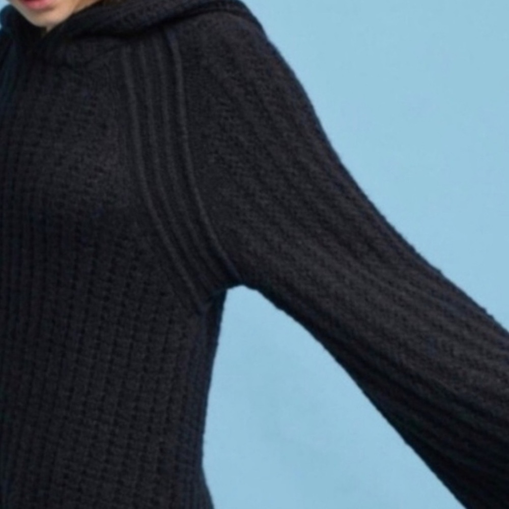 Anthropologie Sweater Women’s Sz XS Black Moth Chunky Knit Bell Sleeve Hooded - Picture 2 of 10
